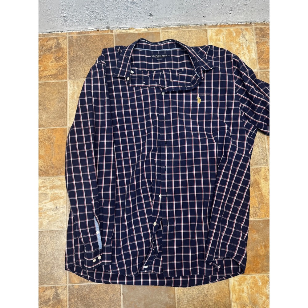 US Polo Assn Mens 2XLT Navy Blue Red Plaid Long Sleeve Button Down Shirt Logo